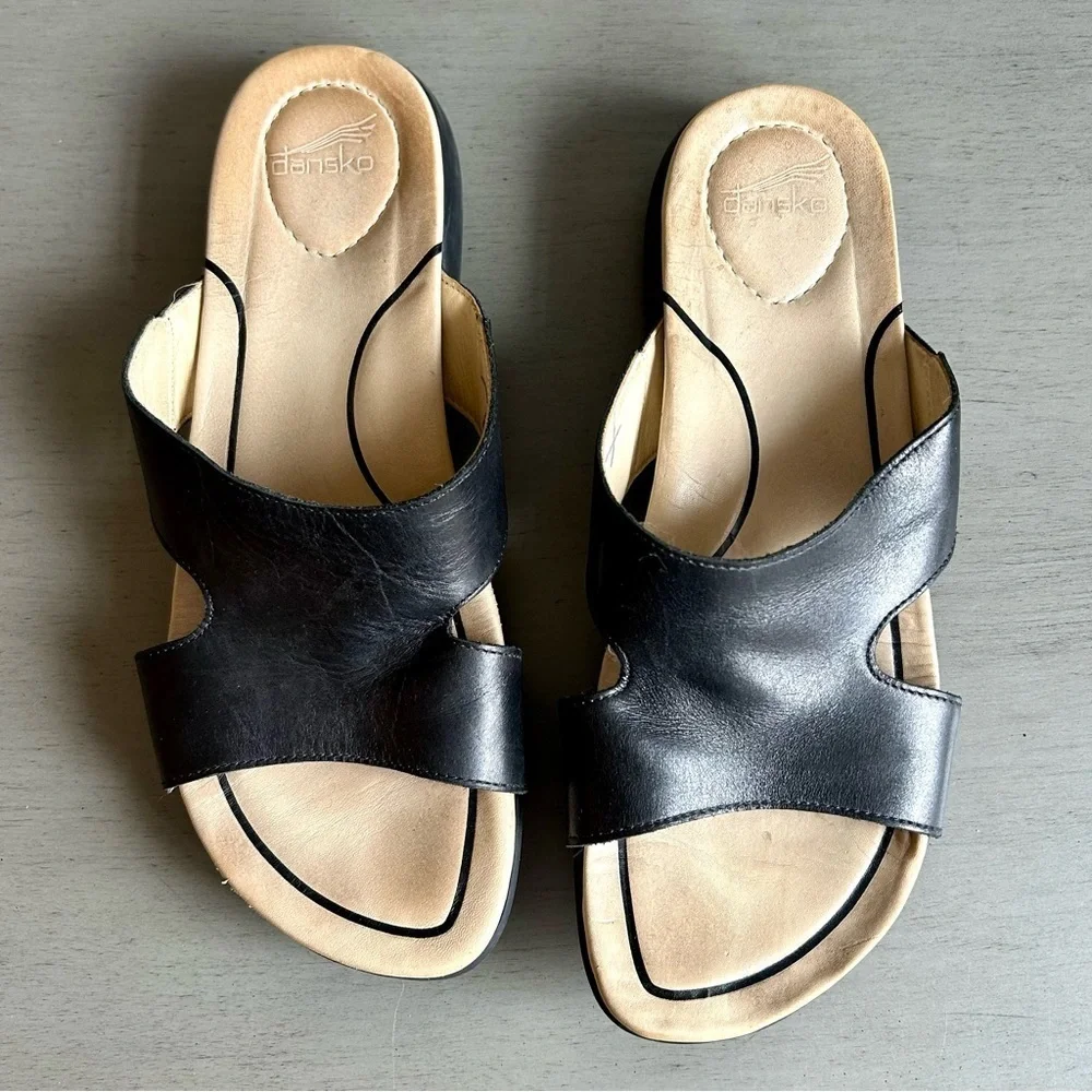 Dankso Women Leather Sandals Slide EU 38 US 7.5/8 Black Slip On Open Toe Strappy